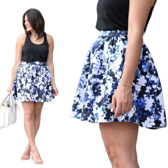 Express Balloon Skirt 10 Blue Floral Aline Full Mini Skater Party Shower - Picture 1 of 9